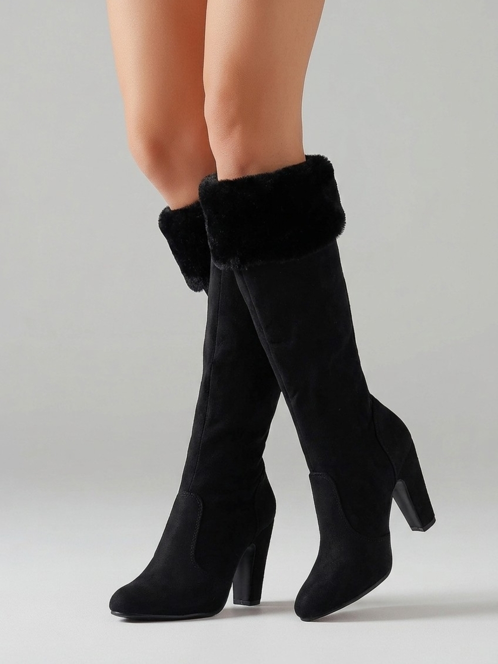 BAMBOO Black Faux Fur Cuffed Knee Boots Sz 6 NEW